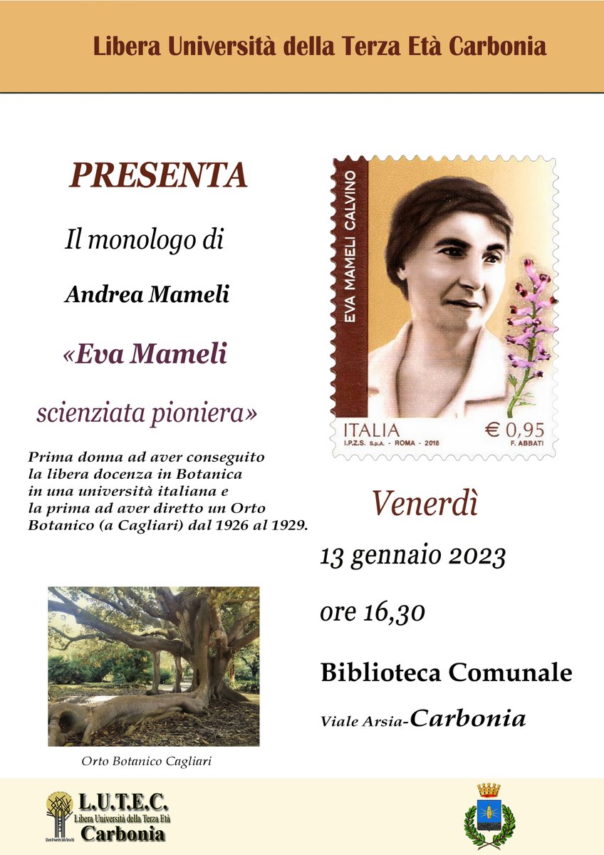 Il 13 gennaio, per iniziativa della Libera Università della Terza Età di Carbonia, porto di nuovo in scena il monologo "Eva Mameli scienziata pioniera" (Biblioteca Comunale, Viale Arsia 91) #EvaMameliCalvino #Carbonia