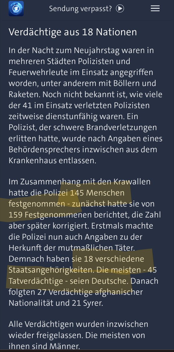 Wenn 145 Menschen festgenommen werden und 45 davon Deutsche sind, heißt es bei der Tagesschau, "die meisten Tatverdächtigen seien Deutsche."
Das hat mit Journalismus nichts mehr zu tun, das ist Propaganda.