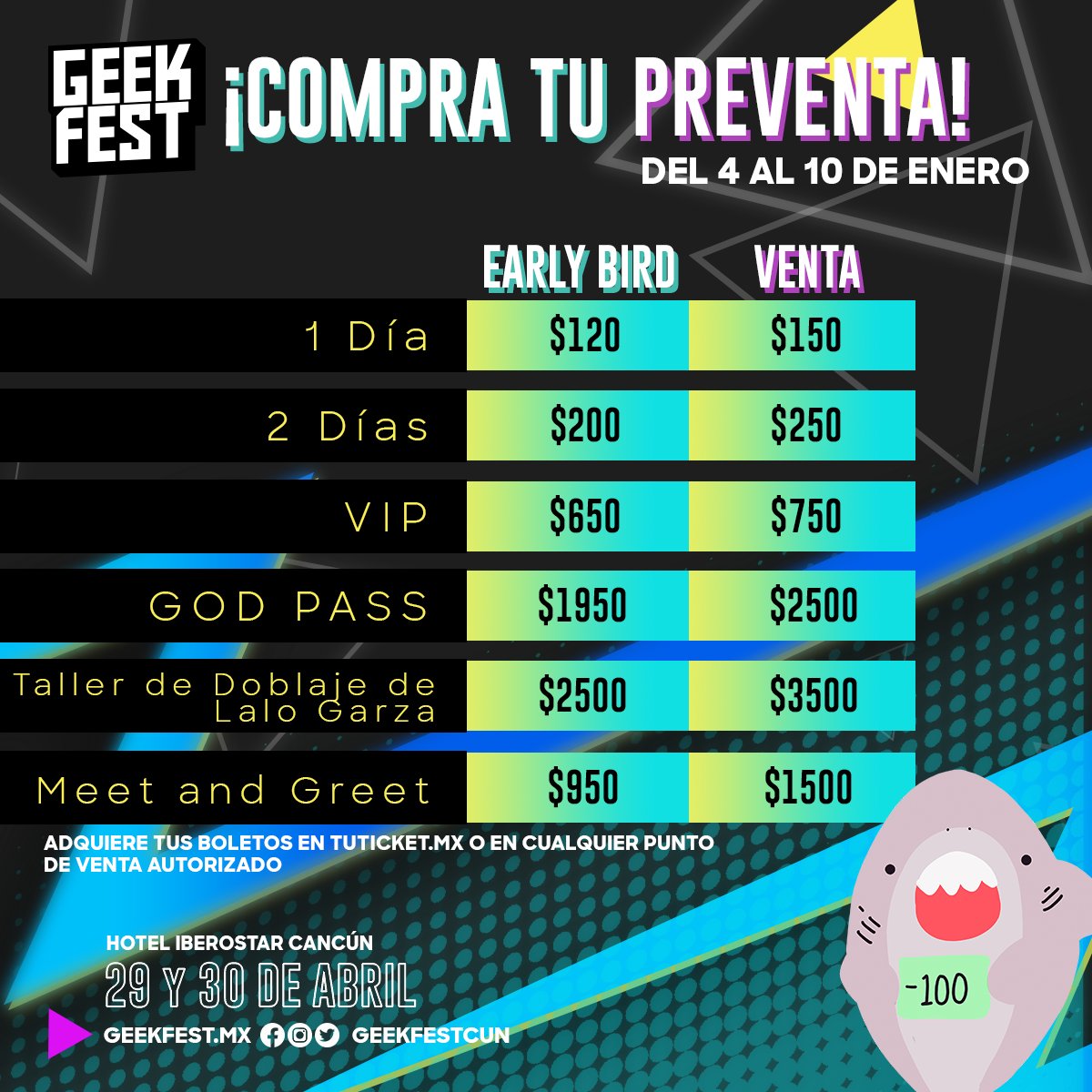 ¡𝗗𝗘𝗟 𝟰 𝗔𝗟 𝟭𝟬 𝗗𝗘 𝗘𝗡𝗘𝗥𝗢 𝗢𝗕𝗧𝗘𝗡 𝗧𝗨𝗦 𝗕𝗢𝗟𝗘𝗧𝗢𝗦 𝗔𝗟 𝗠𝗘𝗝𝗢𝗥 𝗣𝗥𝗘𝗖𝗜𝗢!
Información detallada de cada boleto en:
tuticket.mx/list/Geekfest/…
Puedes adquirirlos 𝙚𝙣 𝙡𝙞𝙣𝙚𝙖
o ahorrar yendo a cualquiera de nuestros 𝙥𝙪𝙣𝙩𝙤𝙨 𝙙𝙚 𝙫𝙚𝙣𝙩𝙖.