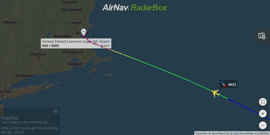 AirNavRadar's tweet photo. American Airlines #AA52 from #Miami to #TelAviv has diverted to #Boston
https://t.co/nepFC1epUb https://t.co/ymeHXJ14cy