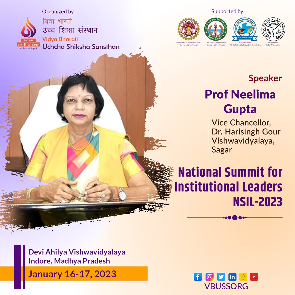 VBUSSOrg's tweet photo. Prof.Neelima Gupta, Vice Chancellor, Dr. HariSingh Gaur Vishwavidyalaya, Sagar will join us as speaker at National Summit for Institutional Leaders -2022 at Devi Ahilya Vishwavidyalaya, Indore Madhyapradesh on 16-17, January 2023. https://t.co/pasnV3qnZG