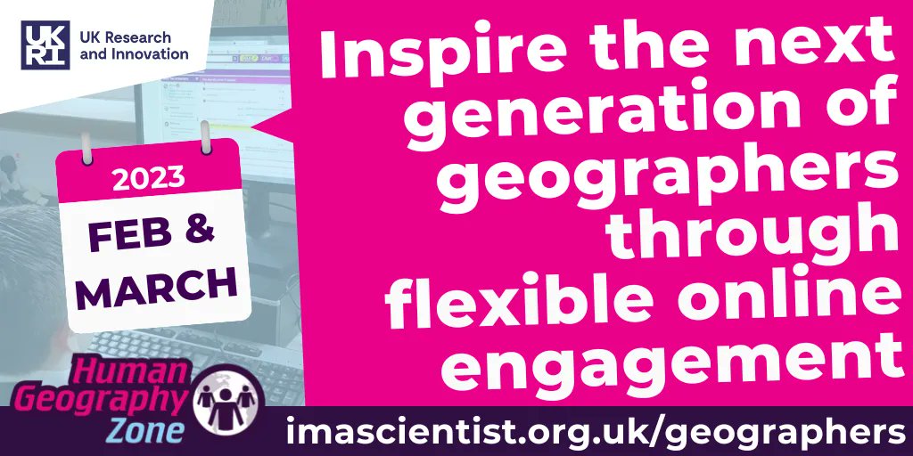 We're looking for people working in: 
🌍 Development and globalisation
🌍 Urbanisation 
🌍 Population and migration
🌍 War and conflict
🌍 Agronomy
for our upcoming human geography-themed Zone. Find out more: imascientist.org.uk/geographers/?t… 

Funded by <a href="/UKRI_News/">UK Research and Innovation</a>