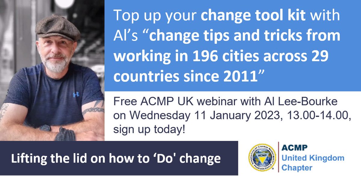 acmp_ukchapter's tweet photo. Sign up today: https://t.co/MLMKyJyWH3 to join our webinar with the multi-faceted Al Lee-Bourke (Prosci Certified Advanced Instructor, Author and former Principal Change Consultant with Microsoft Corporation) sharing his 'tips and tricks from the field’ 
#acmp #acmpuk #change https://t.co/6OIRbBT4nY
