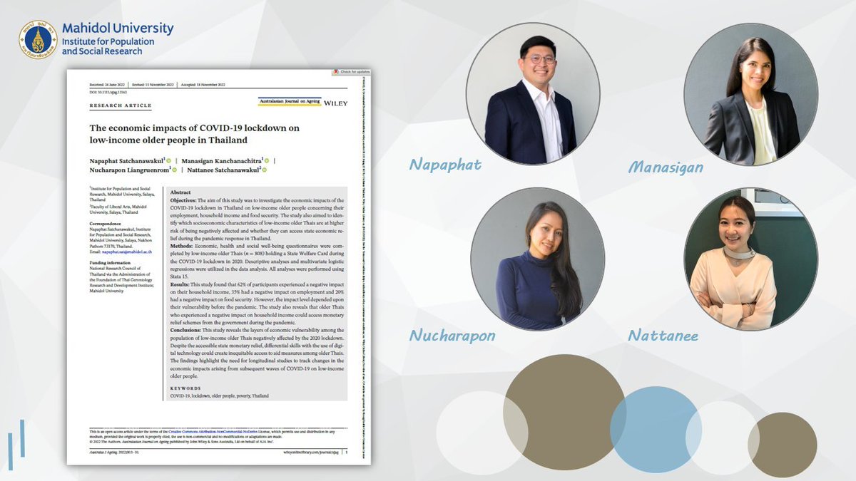 📃#NewPublication
The #economic #impacts of #COVID19  #lockdown on low‐income #older #people in #Thailand.

🔗Find more here: doi.org/10.1111/ajag.1…

#research #researchpaper #IPSR #lowincome #acdemic #publication #elderly
