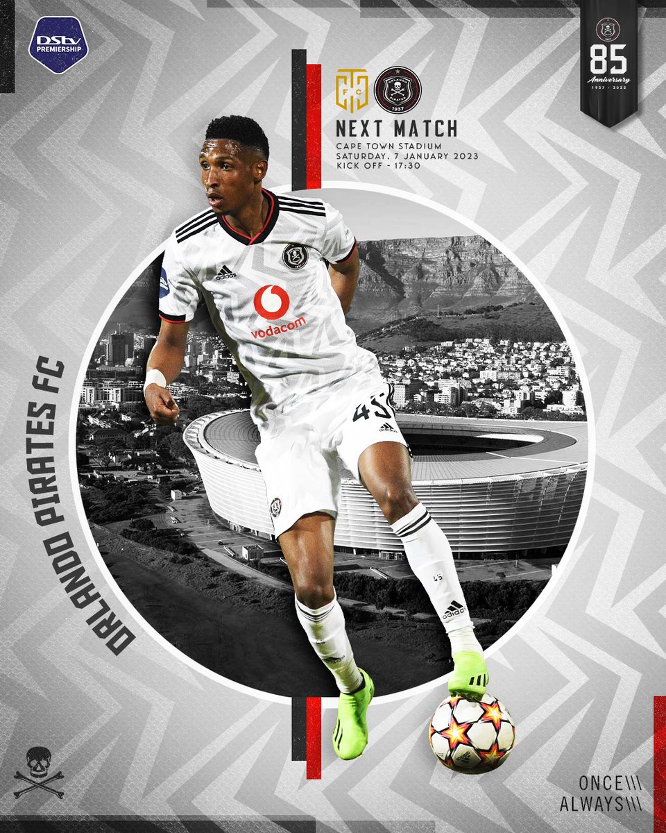orlandopirates's tweet photo. ☠️ 🚨 𝗡𝗘𝗫𝗧 𝗠𝗔𝗧𝗖𝗛 🚨
🏆 #DStvPrem
⚽️ @CapeTownCityFC vs @orlandopirates
📆 Saturday, 07 January 2023
🏟 Cape Town Stadium
🕠 17h30
⚫⚪🔴⭐
#OrlandoPirates
#OnceAlways https://t.co/ZJKRNDboBi