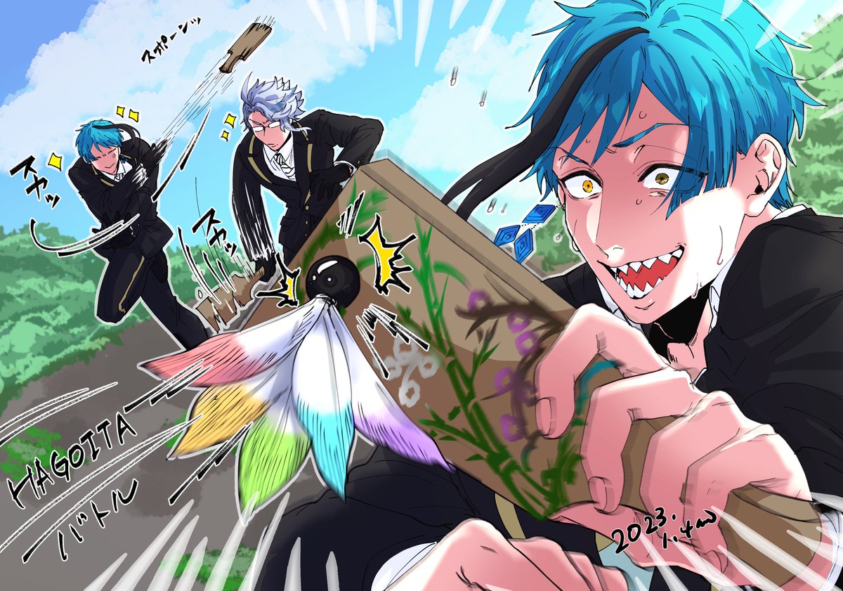 streaked hair blue hair multiple boys 3boys sharp teeth male focus yellow eyes  illustration images