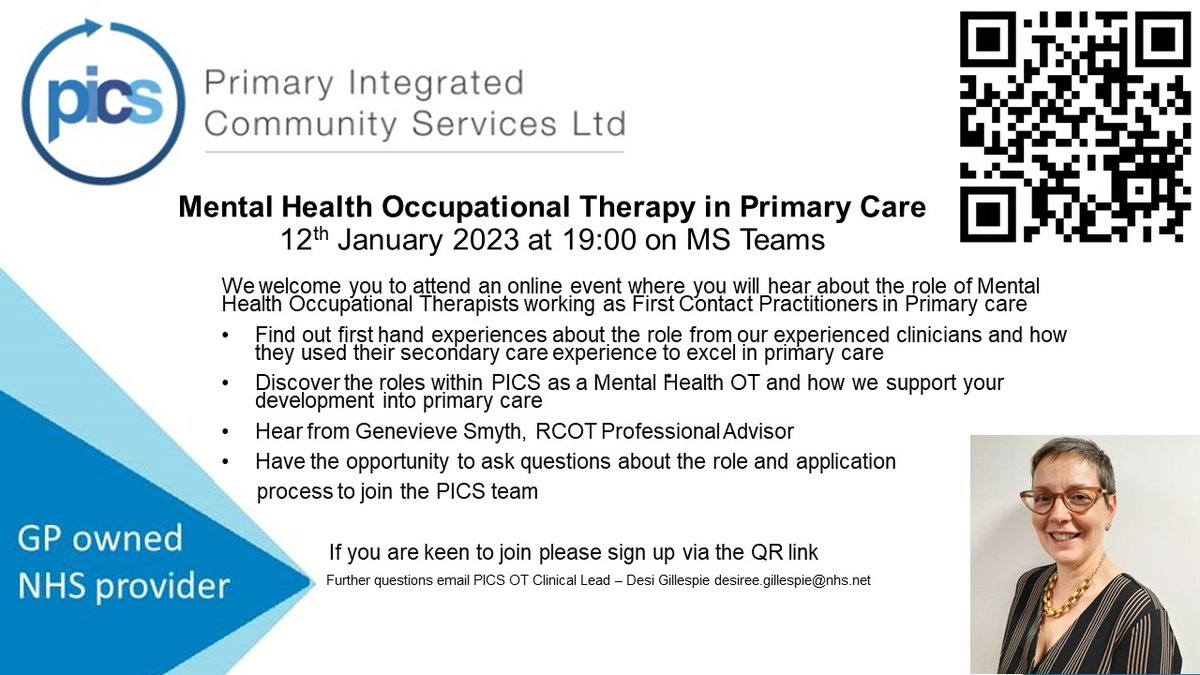 Desi_Physio's tweet photo. Still time to sign up for some evening CPD, listen to experienced Mental Health OTs working in Primary Care, the challenges they face and the impact they have in primary care services.
@CPD_RCOT @RCOT_Gen @theRCOT @RCOTStudents @pics_primary https://t.co/Iw8LbQ035A