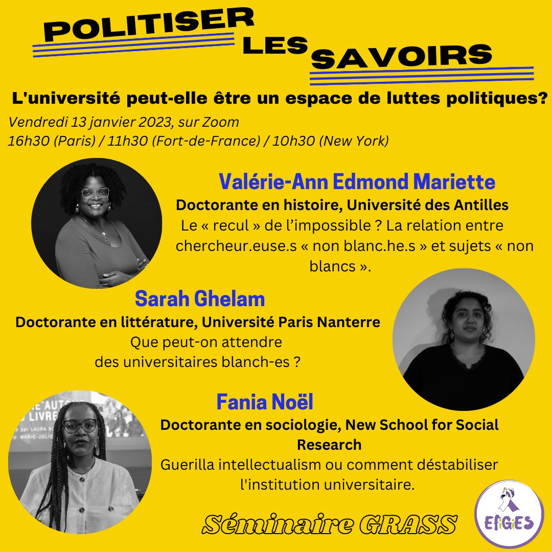 SeminaireGRASS's tweet photo. 📢Prochaine séance Séminaire GRASS le 13/01 sur Zoom! "L'université peut-elle être un espace de luttes politiques?" Avec @ValyCherche, @Sarah_Ghey, et @FaniaMakaya. ➡️Inscription: https://t.co/DWjzIPdbys
16h30-18h30 (Paris) / 11h30 - 13h30 (Fort-de-France) / 10h30 - 12h30 (NY) https://t.co/CEmRdb1gAy