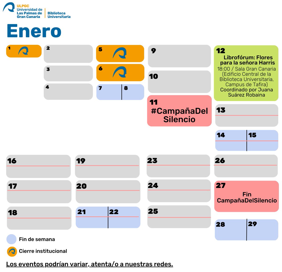 bulpgc's tweet photo. Para que no te pierdas nada, te traemos el calendario con todos los cursos, talleres, actos y charlas.

#bibliotecauniversitaria #planeslaspalmas #grancanaria #ulpgc https://t.co/Xws0JE7WBh
