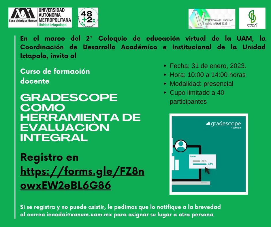 📢¡Ya vienen! ¿Estás lista (o)? !Prepárate! 
📌Ya vienen los cursos de formación docente del periodo intertrimestral:
"Gradescope como herramienta de evaluación integral"
forms.gle/FZ8nowxEW2eBL6…