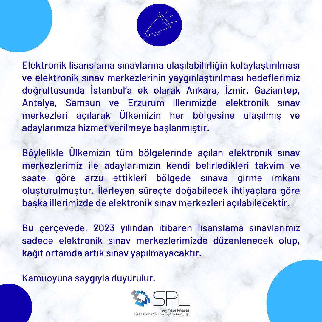 SPL'den gelen duyuru:

1⃣ Lisanslama sınavları artık sadece elektronik ortamda düzenlenecek

2⃣ Elektronik sınava girilebilecek merkezler: İstanbul, Ankara, İzmir, Antalya, Samsun, Erzurum ve Gaziantep

3⃣ İhtiyaca göre başka illerde de sınav merkezleri açılması mümkün