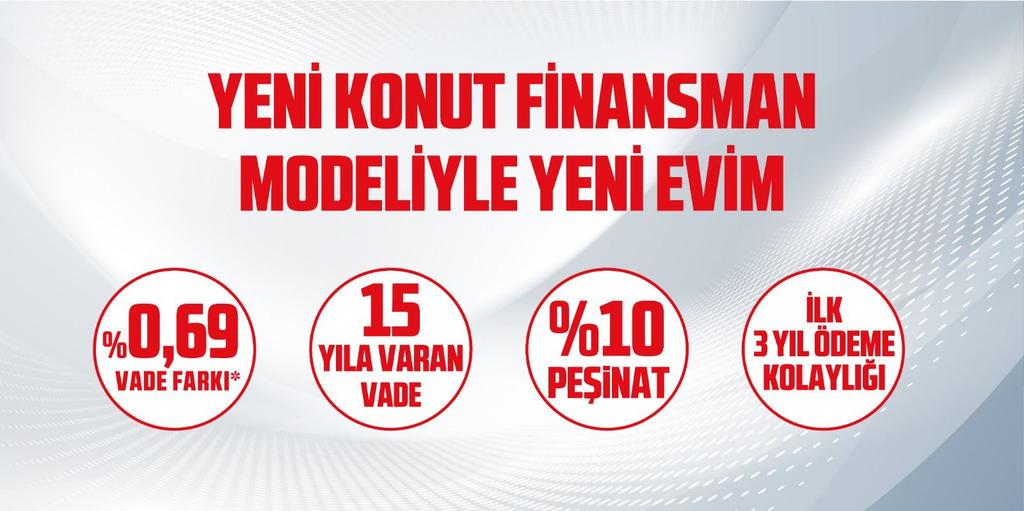 📍Yeni Konut Finansman Modeliyle #YeniEvim

▪️%0,69 vade farkı
▪️15 yıla varan vade
▪️%10 peşinat
▪️İlk 3 yıl ödeme kolaylığı