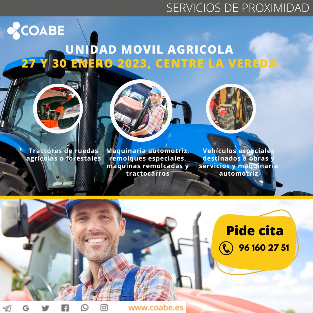 coabecoopv's tweet photo. Enero 2023, días 27 y 30, la Unidad Móvil Agrícola tiene previsto prestar el servicio en el Centre La Vereda de la Cooperativa. Para cualquier consulta o cita previa, pueden llamar al 96 160 27 51. https://t.co/o3kH1hvk2g