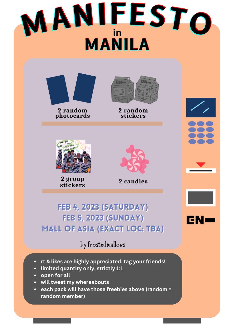 ENHYPEN MANIFESTO IN MANILA GIVEAWAY
by <a href="/frostedmallows/">moon 🌙</a> ❄🌙

i'll be giving away these freebies on d-day! i'm excited to share the actual photocards and stickers. i'll update and post this thread once i have them 🥰

pls check the photo for more details! ✨
#MANIFESTO_IN_MANILA