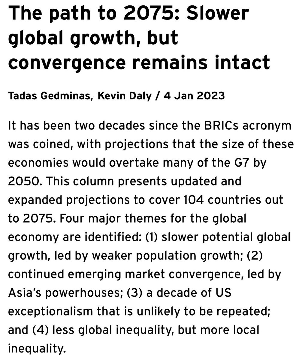 BaldwinRE's tweet photo. This @voxeu column identifies 4 trends: slower global growth due to weaker pop growth; cont’d EM convergence, led by Asia; (3) end of US exceptionalism; and less global inequality, but more local inequality @kevindaly101 
•
https://t.co/03c9veNEhw https://t.co/hLlX7vckpp