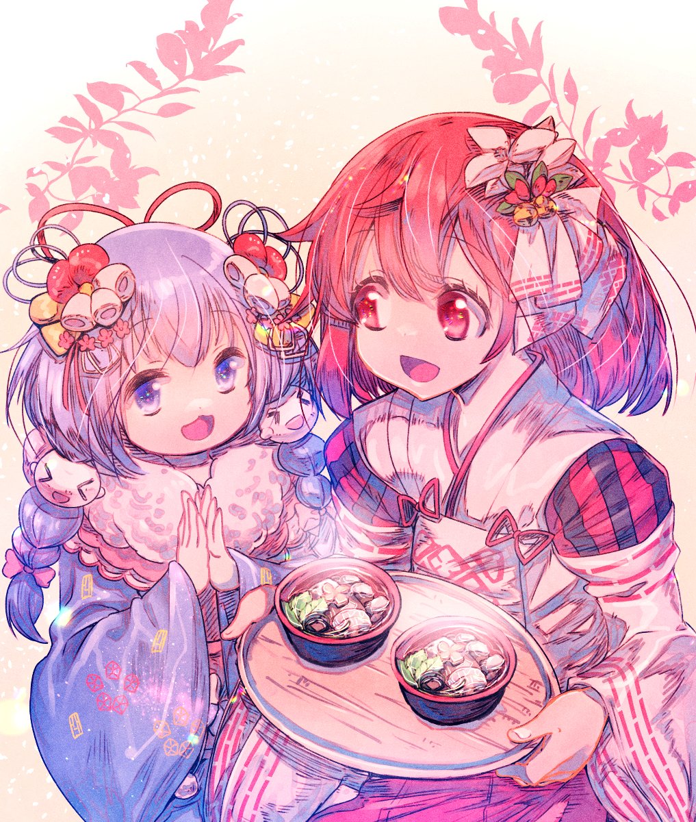 multiple girls 2girls japanese clothes red hair hair ornament red eyes smile  illustration images