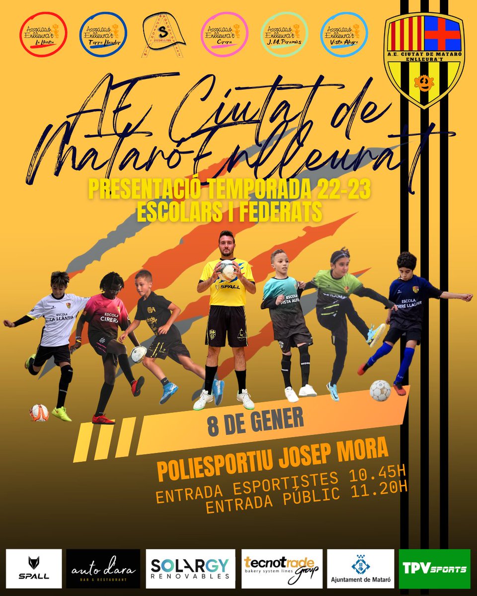💛⚫PRESENTACIÓ TEMP. 22-23 ESCOLARS I FEDERATS!

📅El dia 8 de gener, teniu una cita molt important. Ens trobem tots i totes al Poliesportiu Josep Mora a les 11.30h. Presentació de tots els equips, fotos individuals i grupals, regal de la samarreta i moltes sorpreses més!