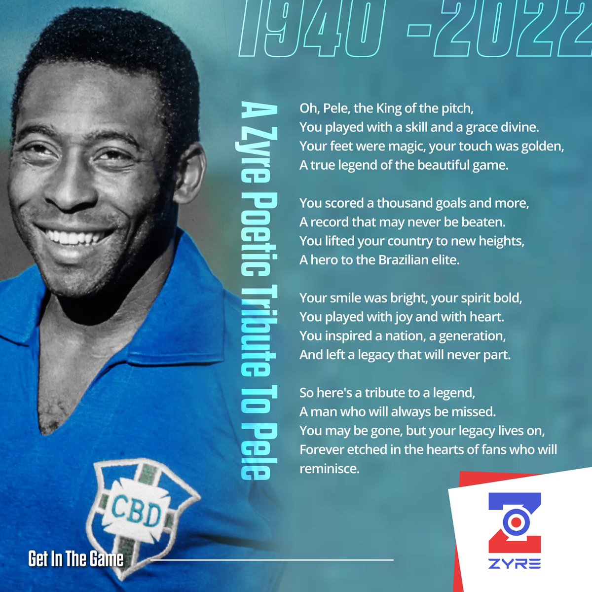 OfficialZYRE_'s tweet photo. In tribute to the legendary Pele, whose talent and passion for the game inspired countless fans and players around the world. Rest in peace, O Rei. #RIPPele #ZYREInTheGame https://t.co/K8UstnXdDK