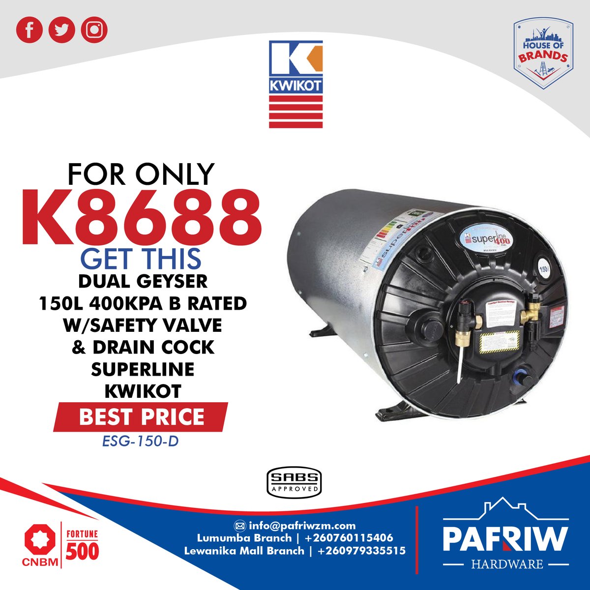 #WaterGeyser 
For as low as K3299, get a high-quality 100L #water #geyser at any of our stores today and Stock Up! 🥳
For orders and inquiries contact us on:
+260760115406 (Lumumba) | +260979335515 (Lewanika Mall)
#PafriwHardware #HouseOfBrands #MitengoZachikata