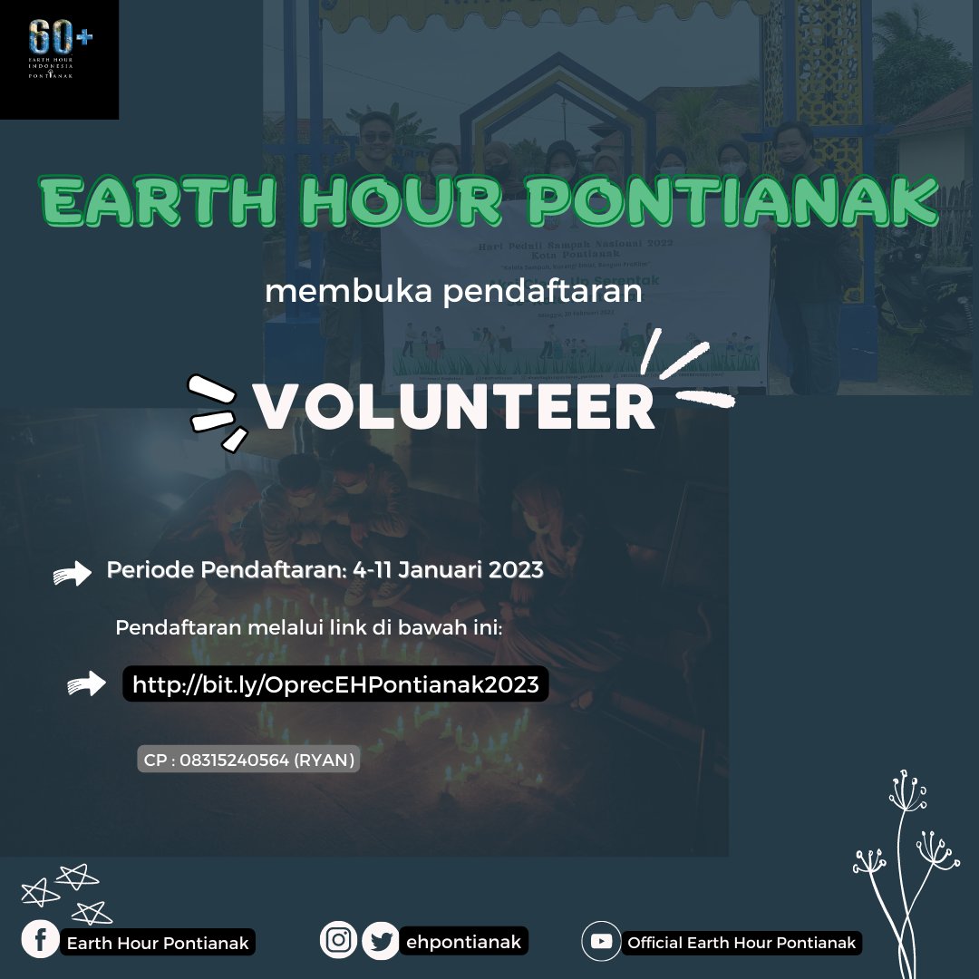 [OPEN RECRUITMENT VOLUNTEER]

Halo, Sobat EH!

Earth Hour Pontianak telah membuka pendaftaran untuk volunteer di 4 Divisi, lho! Apa saja divisinya?

1. Divisi Aksi
2. Divisi Multimedia
3. Divisi PSDM
4. Divisi Fundraising
