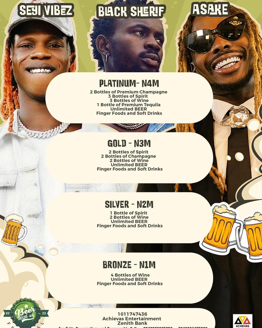 The BeerWithus Festival is just 2 days away!

Seyi Vibez will be performing live on the 6th at Landmark Leisure Beach, Victoria Island, Lagos by 5pm. 

Earlybird tickets are sold out but VIP tickets are available via tix.africa/discover/bwufe…

#SeyiVibezBwuFest