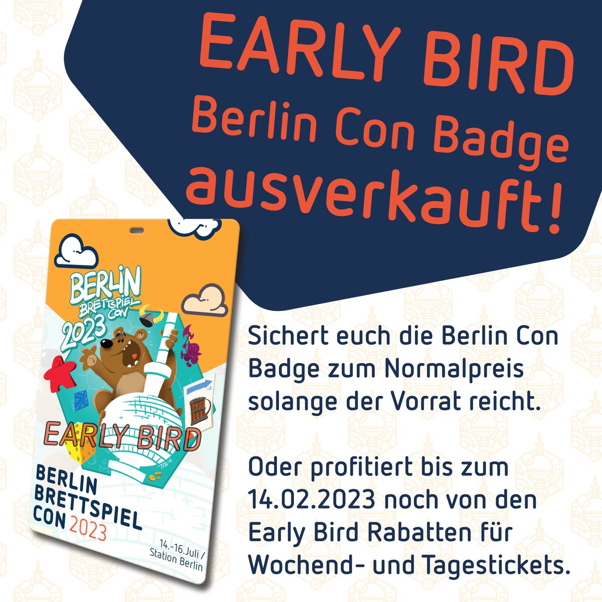 Berlin Brettspiel Con (@berlin_con) on Twitter photo Das ging aber schnell 😉
Wir freuen uns schon auf alle, die ein Ticket gekauft haben.
Wer noch nicht zugeschlagen hat.... hier geht es zum Ticketshop:
shop.ticketpay.de/A8R0BQF8?local…
#berlincon23
<a href="/hunter_spielt/">Hunter & Friends</a> Das ging aber schnell 😉
Wir freuen uns schon auf alle, die ein Ticket gekauft haben.
Wer noch nicht zugeschlagen hat.... hier geht es zum Ticketshop:
shop.ticketpay.de/A8R0BQF8?local…
#berlincon23
<a href="/hunter_spielt/">Hunter & Friends</a>