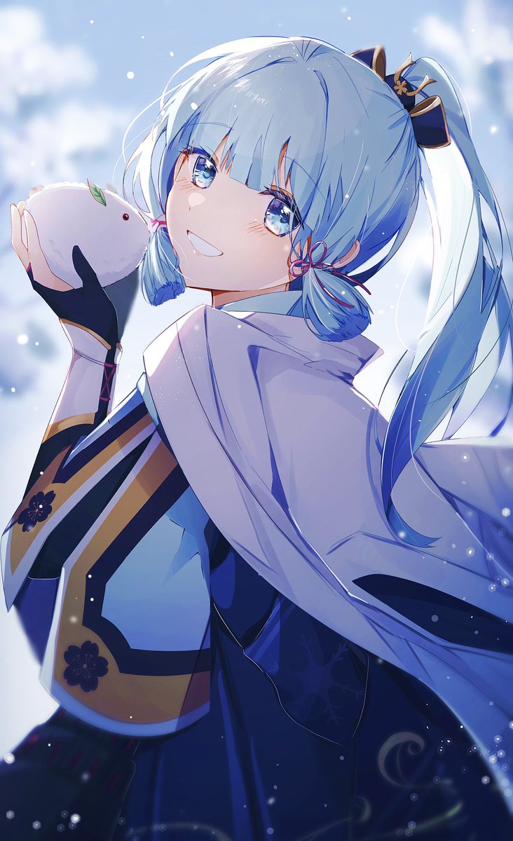 kamisato ayaka 1girl blue eyes solo smile ponytail snow bunny blue hair  illustration images