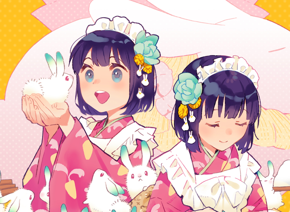 multiple girls 2girls japanese clothes maid headdress kimono short hair smile  illustration images