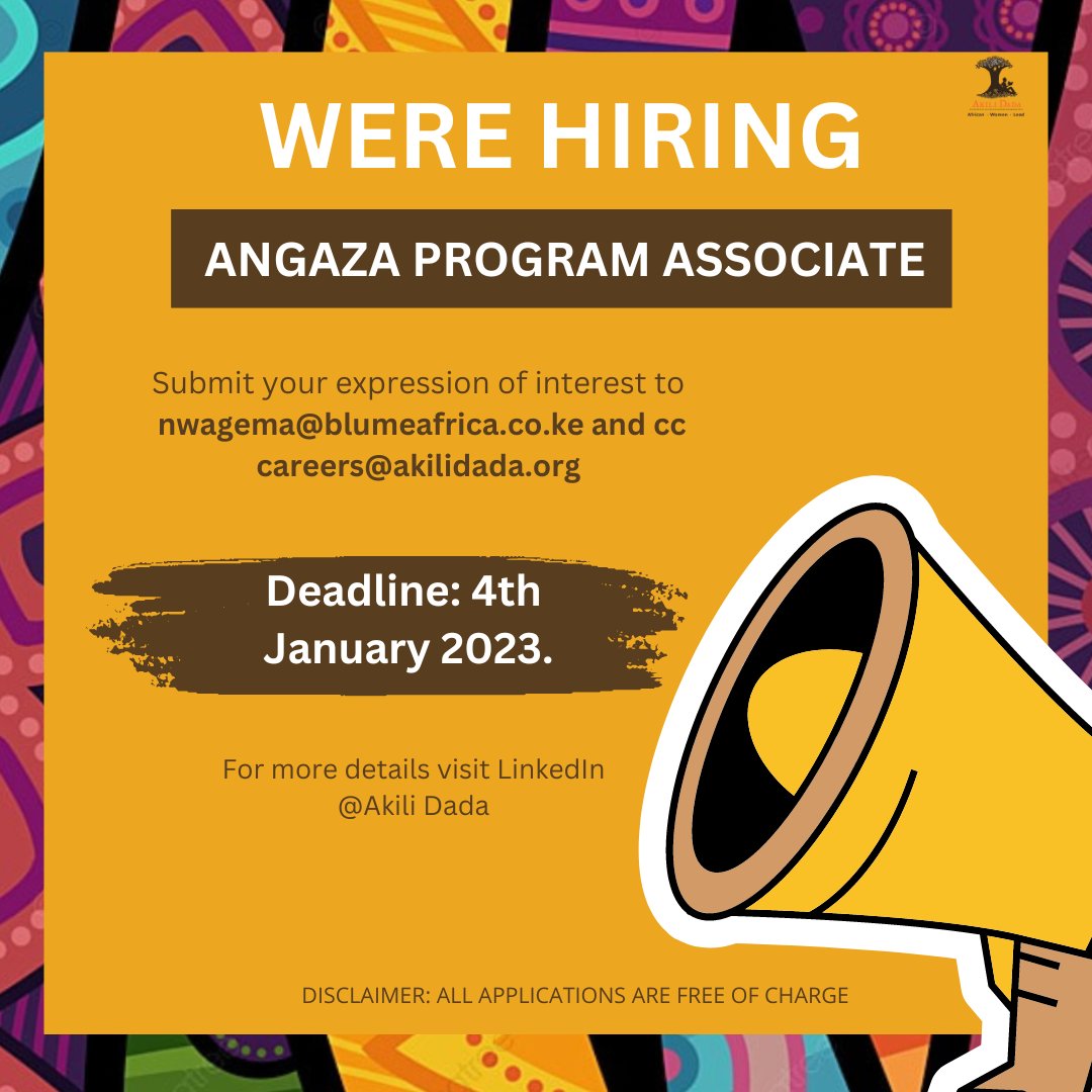 #IkoKaziKe 
Final call for our Angaza Program Associate opportunity! We’re seeking expressions of interest from individuals with excellent Interpersonal skills, report writing skills &amp; data collection skills to join our team. 

Apply Now: bit.ly/3WjFcEi