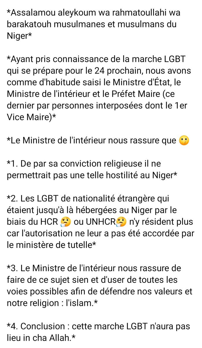 Mensonge: le ministre intérieur du Niger 🇳🇪 dit que: les LGBT des nationalités étrangères étaient jusqu'à là hébergées au Niger 🇳🇪 par le biais du <a href="/UNHCRNiger/">UNHCR Niger</a> n'y résident plus car l'autorisation ne leurs a pas été accordée par par le ministère tutelle. C'est faut nous sommes là.