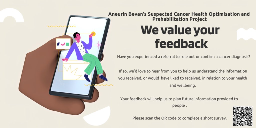 SLewisRD's tweet photo. Have you experienced a referral to rule out or confirm a cancer diagnosis in @AneurinBevanUHB? Did you receive information in relation to your health &amp; wellbeing or not? Please scan the QR code to complete a survey 👇🏻👇🏻👇🏻👇🏻@newportncn @ABB_AOS @abuhb_rehab Please RT https://t.co/vZr1Iw2hHS