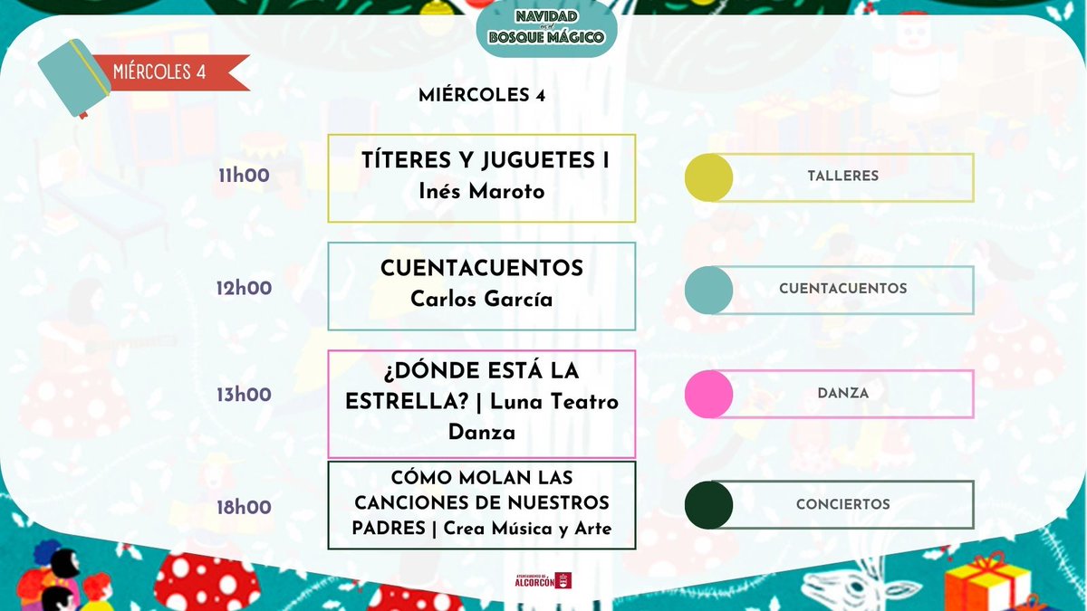 🗓️ Hoy, nuestro último día.
Cuentacuentos📖⏰12h, danza 🩰⏰13h y de postre un maravilloso concierto🎶🎤 ⏰18h.
💰0€

El taller de las 11h está completo, para todo lo demás 𝗻𝗼 𝗽𝗿𝗲𝗰𝗶𝘀𝗮𝘀 𝗿𝗲𝘀𝗲𝗿𝘃𝗮, 𝘀𝗶𝗺𝗽𝗹𝗲𝗺𝗲𝗻𝘁𝗲 ¡𝘃𝗲𝗻!

<a href="/AytoAlcorcon/">Ayuntamiento de Alcorcón</a> #NavidadAlcorcón2022