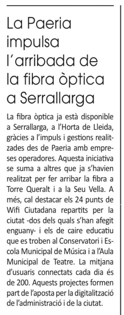 jfreixanet's tweet photo. 🔜 Aquest any hi hem fet arribar la fibra òptica. Les instal·lacions digitals són imprescindibles per la seva necessària rehabilitació, manteniment i sostenibilitat.

Avui la premsa local se'n fa ressò.

#InfraestructuresTIC #TransformemLleida #FeinaFeta #LaLleidaOberta https://t.co/qGdYhpSBZ3