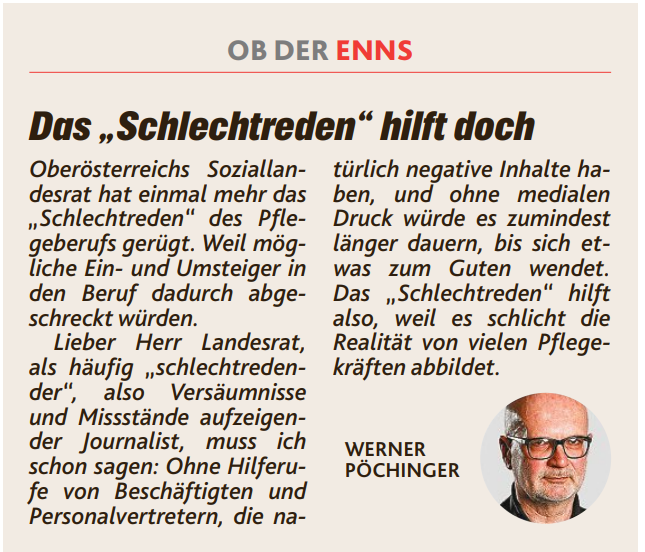 Auch wir setzen uns dafür ein, dass Beschäftigte in der #Pflege gehört werden. 💪 Die Pflege­kräfte müssen jetzt entlastet werden, um die #Versorgung in den oberösterreichischen #Krankenhäusern zu gewährleisten!

Artikel aus der <a href="/ooekrone/">Kronen Zeitung OÖ</a>, 4.1.2023