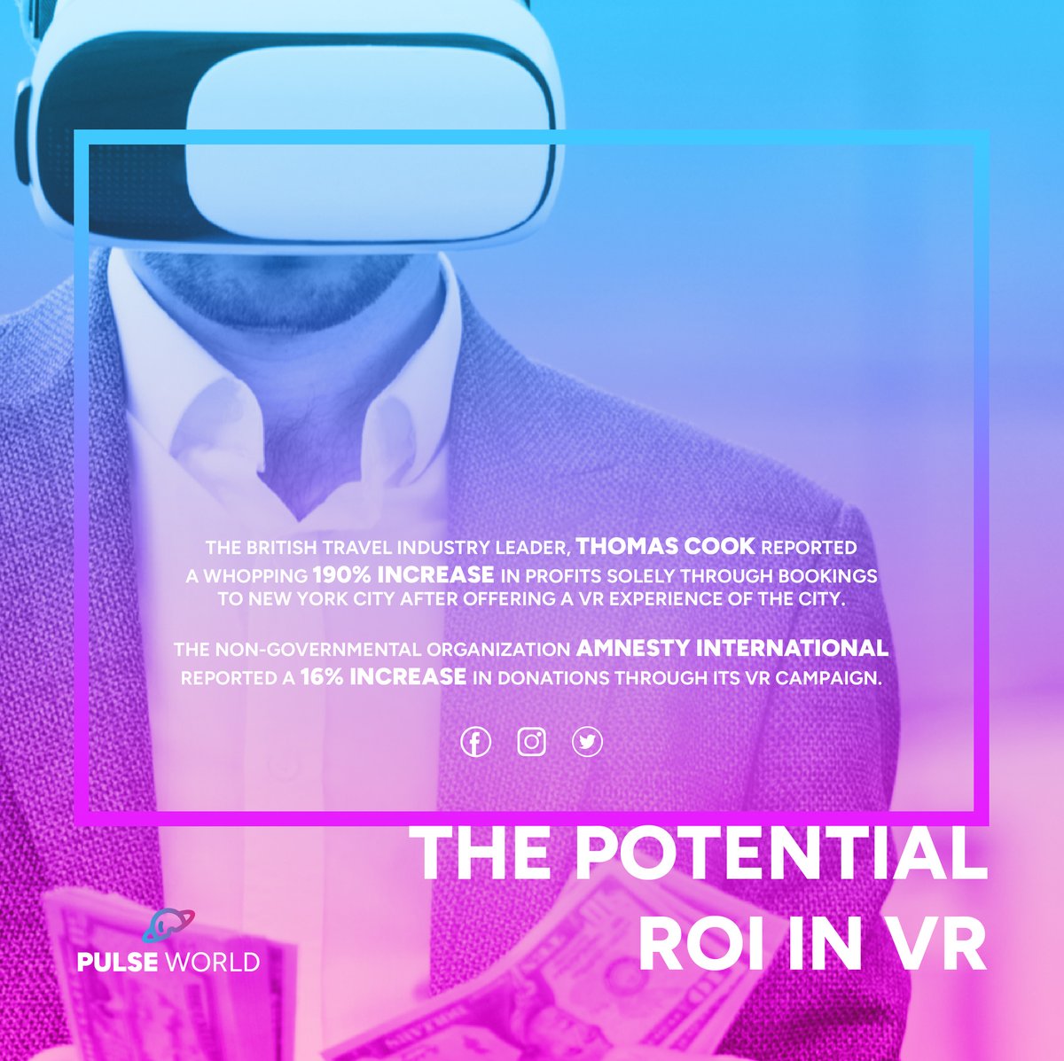 PulseSocials's tweet photo. ROI on VR?? That’s right! 🔥

The British travel industry leader Thomas Cook reported a whopping 190% increase in profits solely through bookings to New York City after offering a VR experience of the city. 📈

#metaverse #virtualreality #pulsemetaverse #vr https://t.co/Q6MRI54B0w