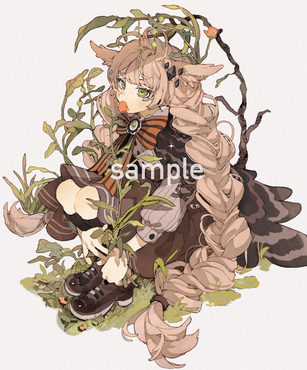 1girl solo long hair braid flower animal ears green eyes  illustration images