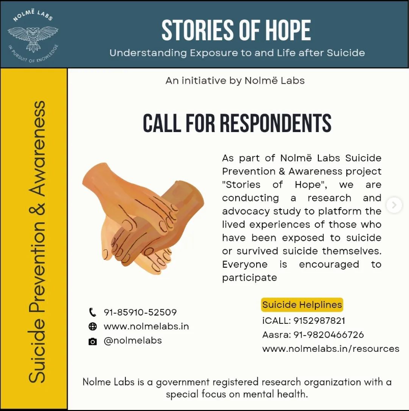 nolmelabs's tweet photo. Stories of Hope: Surviving Suicide 
(Qualitative Study by Nolmë Labs)
The goals of the study is to platform #livedexperiences of those who have survived suicide attempts themselves, as well as of those who have been bereaved by #suicide
Form link
https://t.co/ofhlsZfUqX
#psychtwt https://t.co/3ENbZecPGu