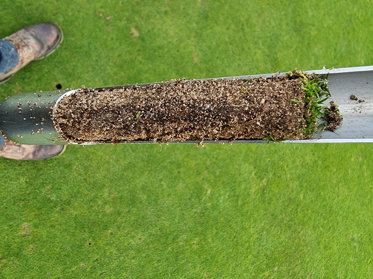 12mm x 8 inch deep vertidrain on the greens almost completed. Big difference in the profile since we have been able to do this regularly. Much of the black layer has gone. #Golf #greenkeeping #turf #turfhealth