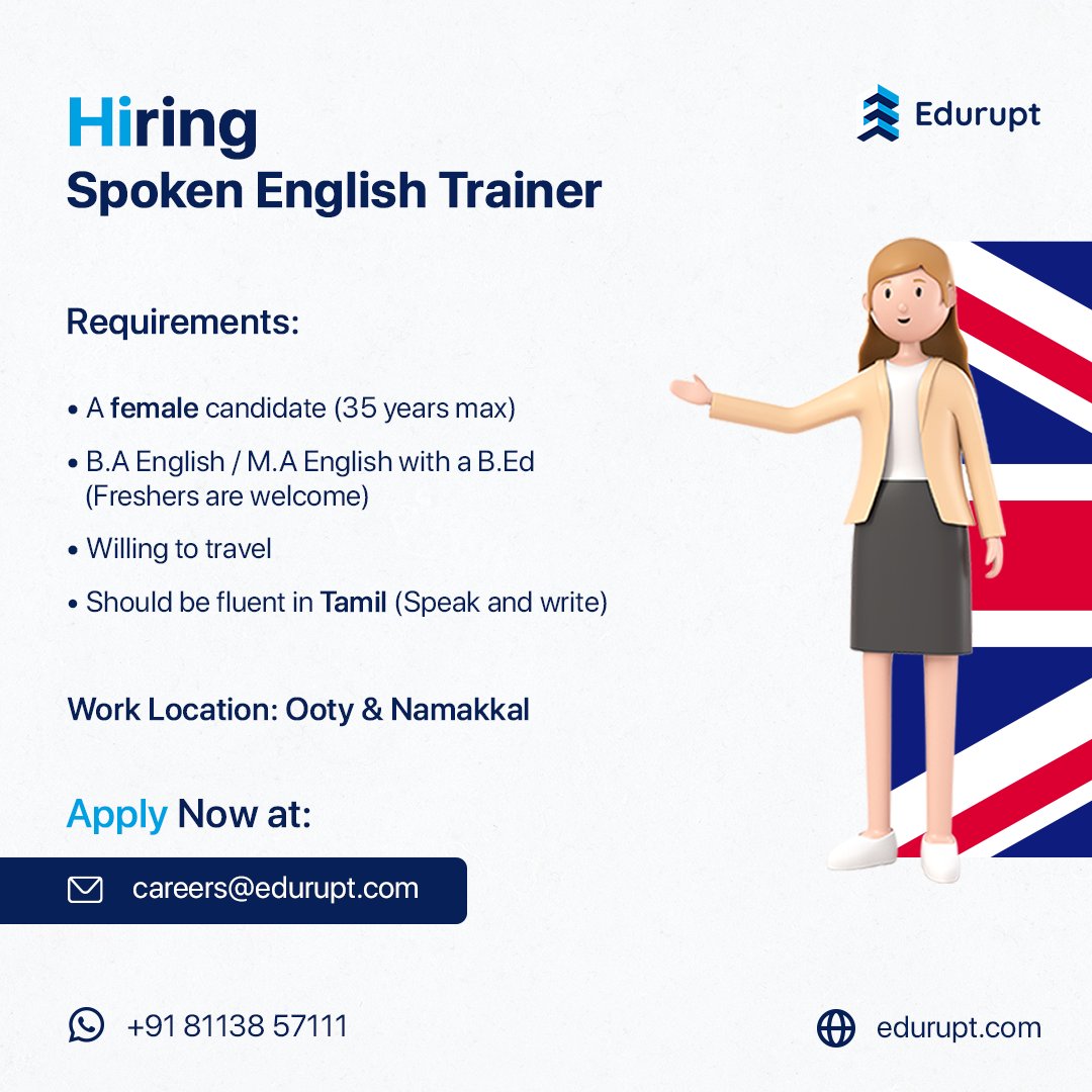 eduruptofficial's tweet photo. "We are Hiring  Spoken English Trainer!!
Know anyone who might be interested? 
Send your portfolio to: careers@edurupt.com"
#hiring #spokenenglish #trainer #English #tamilspeaker #education #graduates #edtech #joinourteam https://t.co/lZC30ineAY