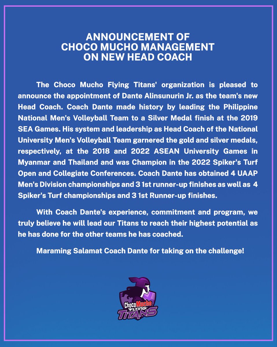 The Choco Mucho Flying Titans Team Management Statement on the new head coach.​ Read the full statement below:​ #ChocoMucho #CMFT #TitanPride ​ @RebiscoVBallPH