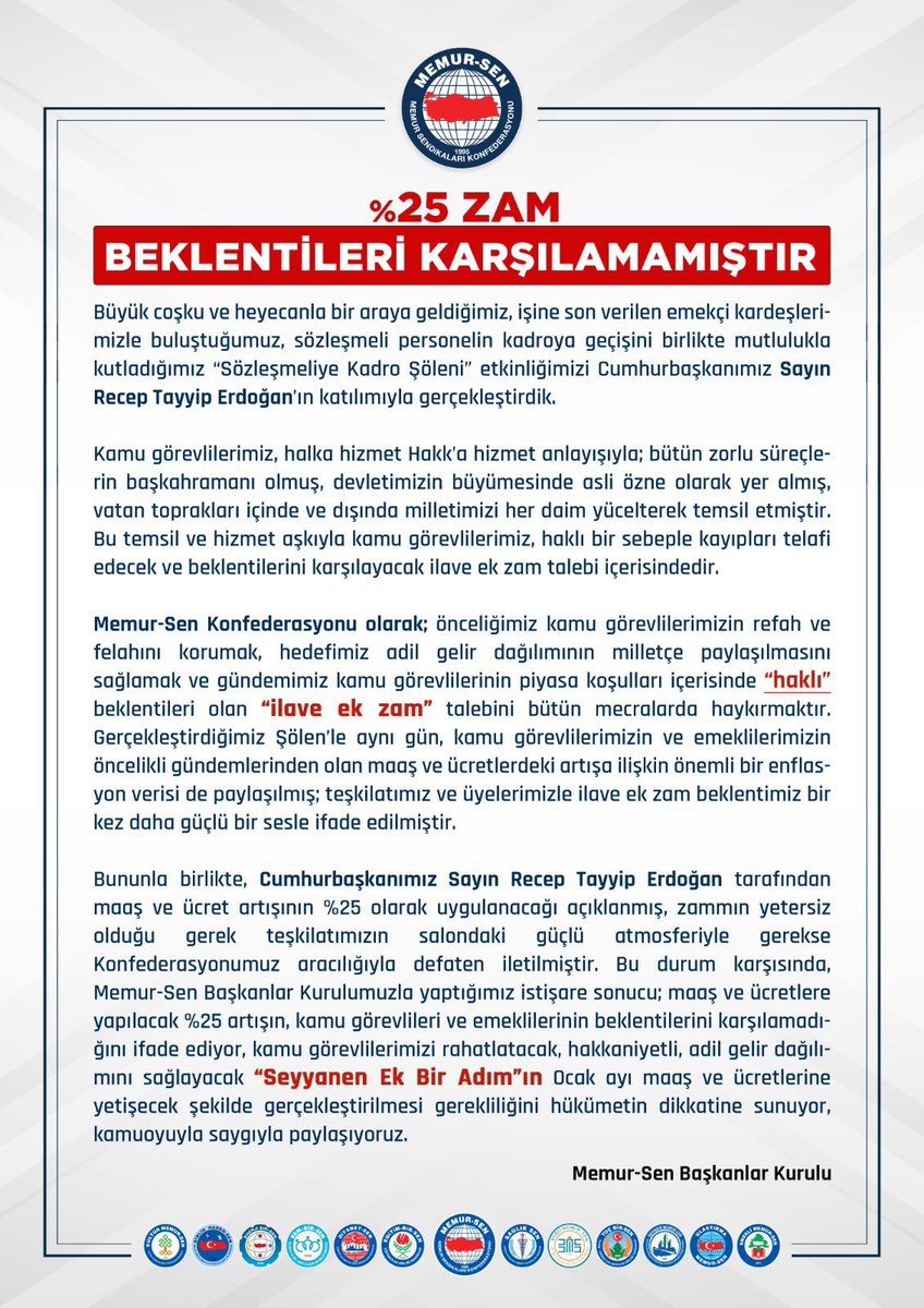 ssbsemihdurmus's tweet photo. %25 ZAM KAMU GÖREVLİLERİ ve EMEKLİLERİ MEMNUN ETMEMİŞTİR

@MemurSenKonf Başkanlar Kurulu olarak beklentileri karşılamayan ve büyük bir memnuniyetsizlik oluşturan %25'in revize edilmesi gerektiğini hükümetin dikkatine sunuyor, talebimizi kamuoyuyla paylaşıyoruz.

#SeyyanenZamŞart https://t.co/KwdEM7txPy