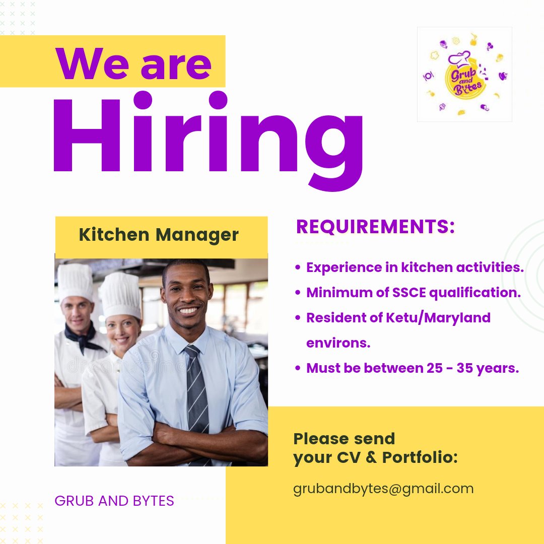 GrubandB's tweet image. We are looking to hire a Kitchen Manager. If you meet all the requirements, kindly send your CV and portfolio to our email grubandbytes@gmail.com

#vacancy #kitchenmanager
