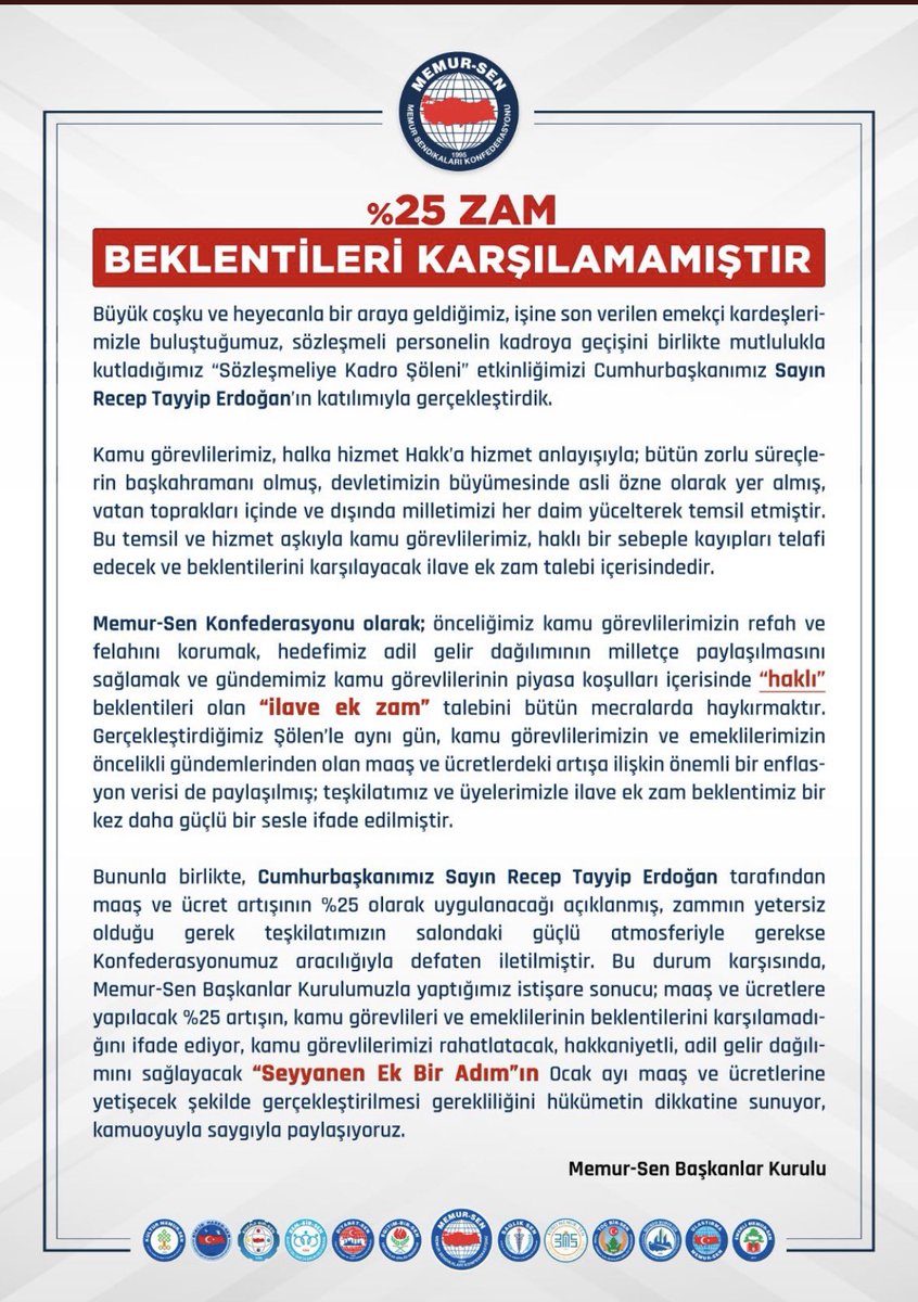 %25 ZAM BEKLENTİLERİ KARŞILAMAMIŞTIR

Memur-Sen Başkanlar Kurulu olarak; %25’in beklentileri karşılamadığını ifade ediyor, “Seyyanen Ek Bir Adım” daha atılması gerekliliğini hükümetin dikkatine sunuyor, talebimizi kamuoyuyla paylaşıyoruz.

#SeyyanenZamŞart