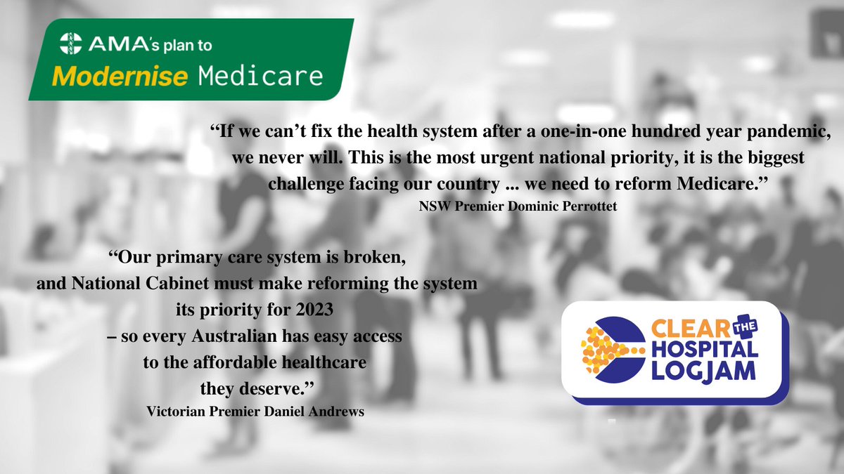 The AMA has been the voice for reform of Medicare and improved funding for hospitals, including an even funding split between the commonwealth and states. 
We agree wholeheartedly that National Cabinet should make our sick health system a priority. #auspol 1/2