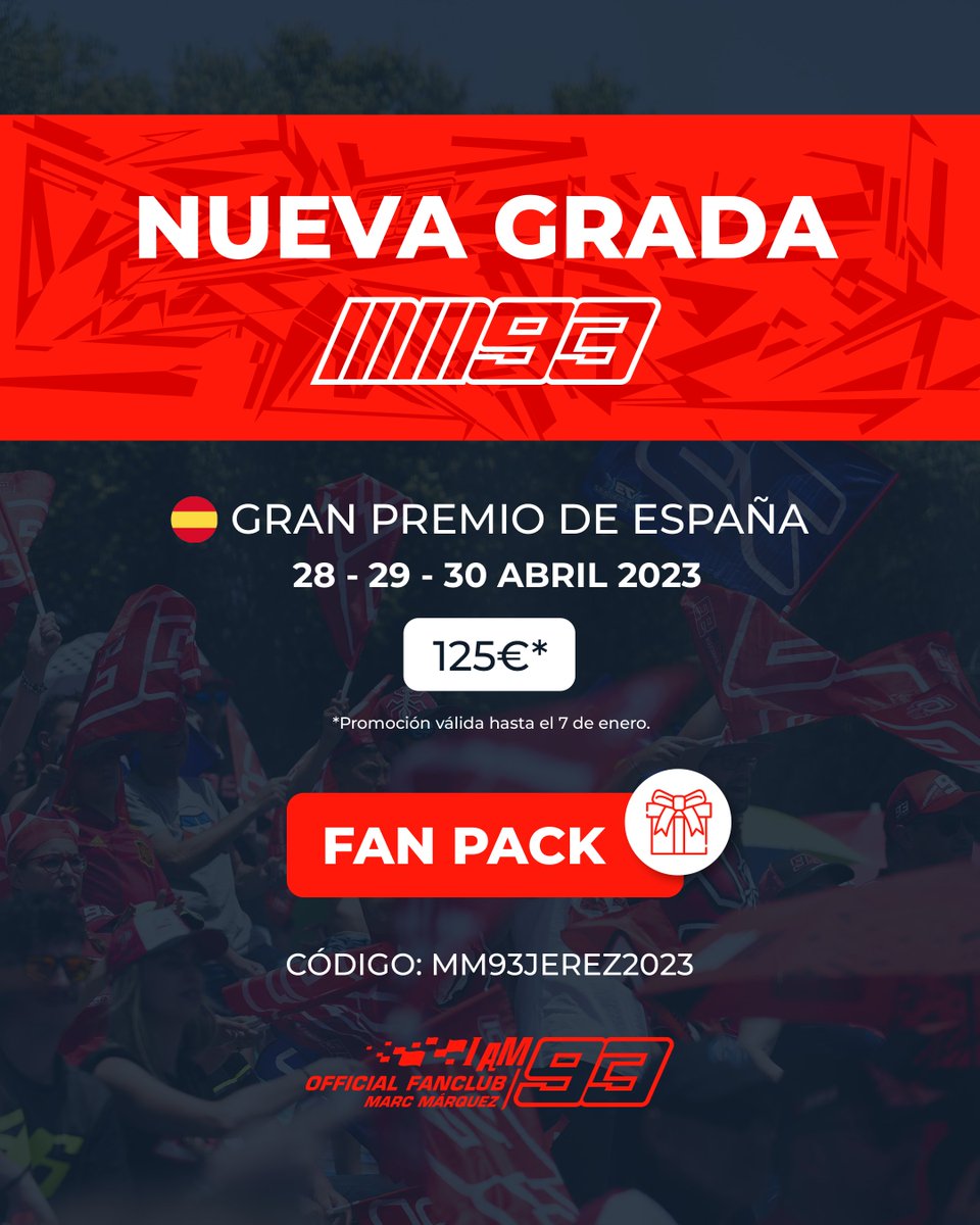 WeAre93's tweet photo. 📍New grandstand: C1
🎟 125€*
🎁 Exclusive Fan Pack included
➕ You will be able to opt for unique experiences
*Promotion available until January 7, 2023
https://t.co/O4fSQZoR1u
#MM93 #TheRedEngine #MotoGP https://t.co/EQ9cXgLVaj