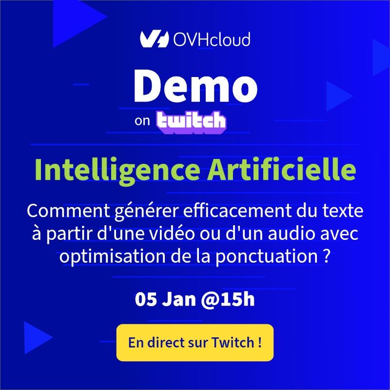 OVHcloud_FR's tweet photo. Demain c'est la reprise des #Twitch avec @mat_bsqt : un livestream dédié à l'#IA  et plus particulièrement au speech to text 🤩

🎥 RDV à 15h en direct sur notre chaîne Twitch
#AIDeploy #Huggingface