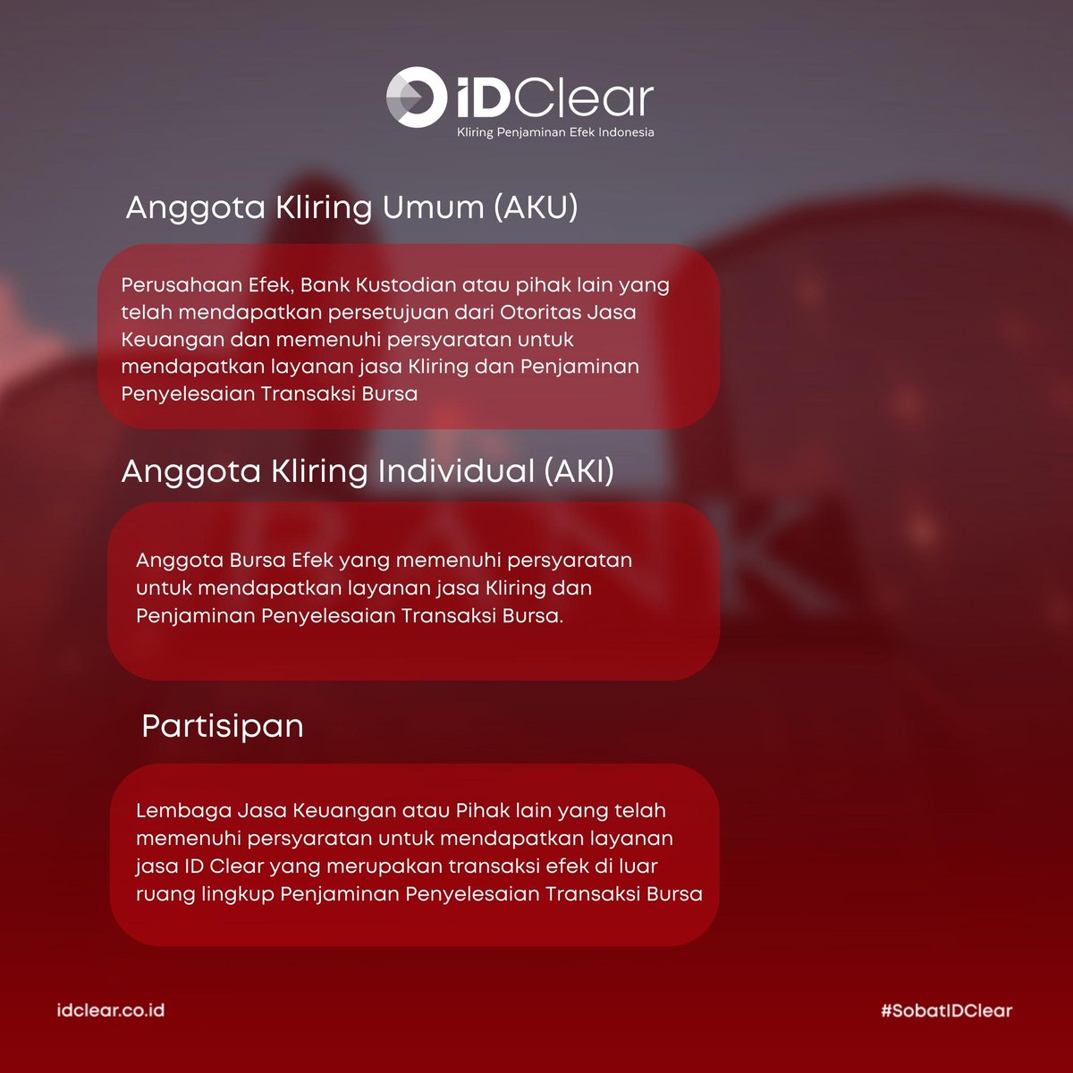 Ask_IdClear's tweet photo. Hi #SobatIDClear, Pengguna Jasa KPEI terbagi dalam beberapa jenis keanggotaan yang ada di dalam ID Clear.

Apa saja? Yuk, simak penjelasan di atas ya!

#idclear #kpei #pasarmodal #kliring #bursaefek #edukasipasarmodal #anggotakliring https://t.co/VjdzVabv1K