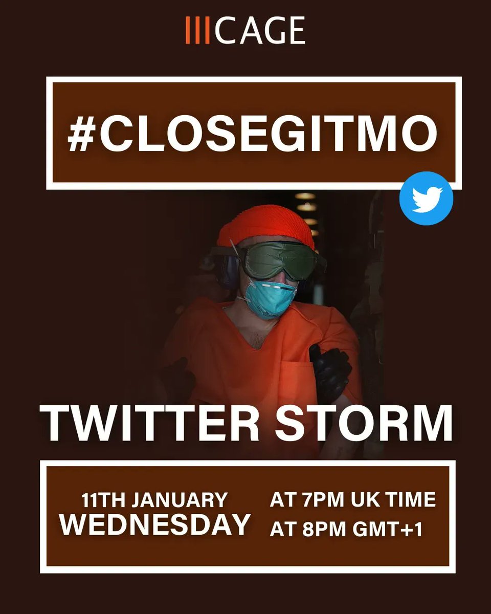 It will be 21 years since #Guantanamo Bay was opened by George Bush. Till this day there are #innocent #prisoners in there held without trial or charge who haven't seen their families in years. 

We need you to join us in the #CloseGitmo twitter storm on 11/01@7pm UK time.