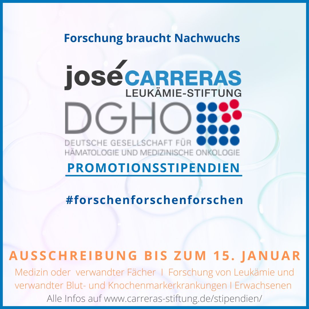 Forschung fördern, Leukämie bekämpfen! 💪🔬
Die neue Ausschreibung für die José Carreras-DGHO-#Promotionsstipendien läuft aktuell bis zum 15. Januar 2023! 

Alle Infos auf: carreras-stiftung.de/stipendien/